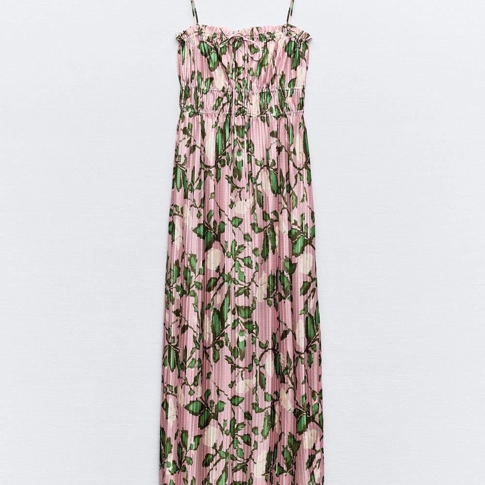 Zara Pleated Printed Floral Pink and Green Maxi Dress